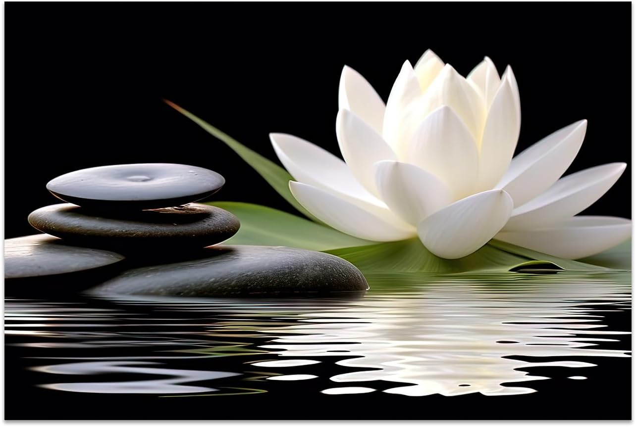 CCWACPP Zen Canvas Wall Art White Lotus Bloom in Water Picture Flowers Stone Spa Painting for Yoga Meditation Room Bathroom Prints Wall Decor Frame (Zen - 2, 16x24inch) 16x24inch Zen - 2