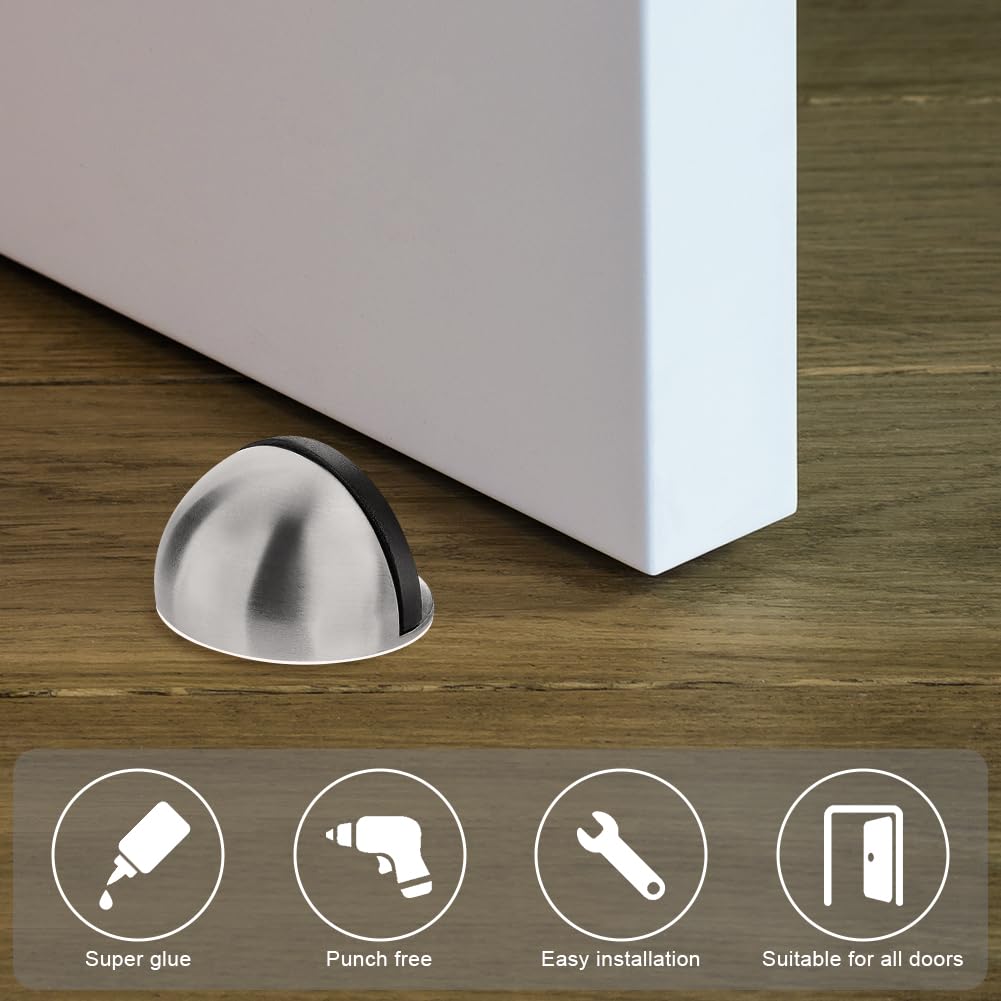 flintronic Stopery podłogowe do drzwi, 4 sztuki ze stali nierdzewnej z samoprzylepnymi podkładkami, owalne, montowane na podłodze, półksiężycowe, samoprzylepne stopery podłogowe do drzwi, ochraniacz
