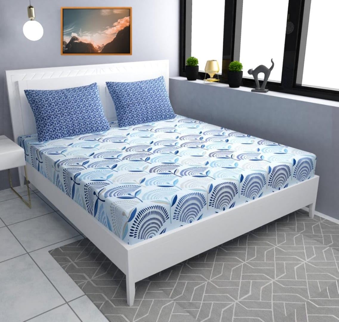 Aroma Brand- Elastic Fitted bedsheet King Size 400tc Cotton (108x108 inches) for Double Bed with 2 Coordinate Pillow Covers (Blue-Floral) (B0C7PC2GQW) Amazon Price History, Amazon Price Tracker