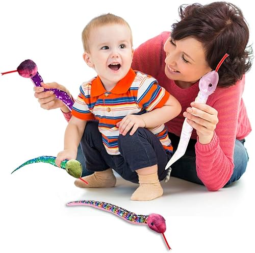 Miniatura 6 de ArtCreativity Flip lentejuelas serpiente juguetes para niños, juego de 4, serpientes de felpa con lentejuelas que cambian de color, suministros para