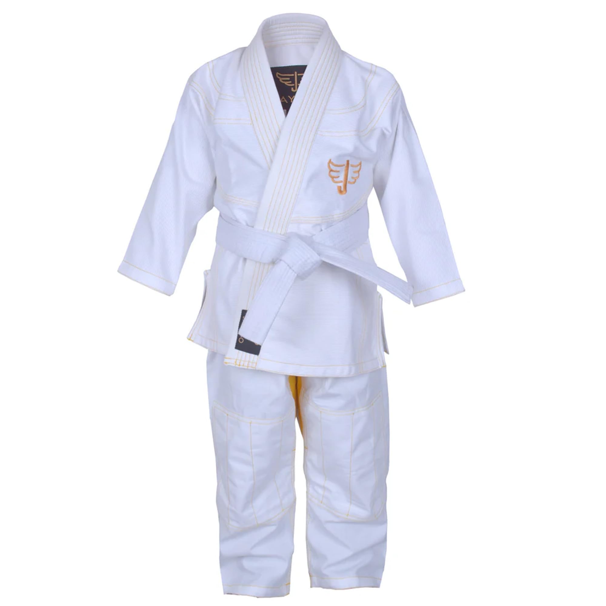 Jayefo Brazilian Jiu Jitsu Gi - Karate Gi Kids for Girls & Boys, Lightweight & Soft Preshrunk Taekwondo Uniform Bjj Gi, Approved IBJJF, Grappling & MMA Karate Suit for Children | (K3, White Gold)