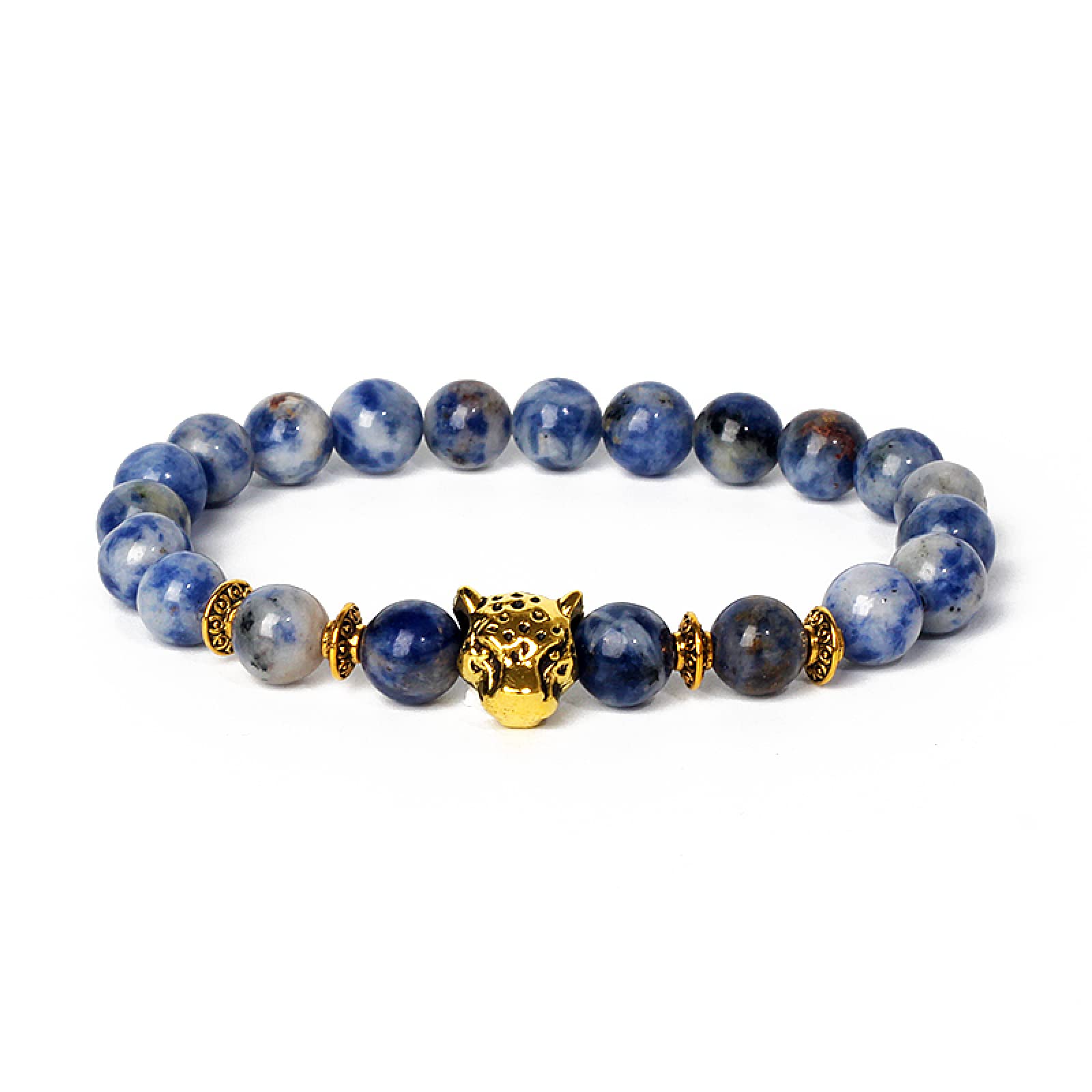8mm Blue Lapis Lazuli Stone Beads Bracelet - Crown King Charm, Stretchy & Unisex For Men & Women
