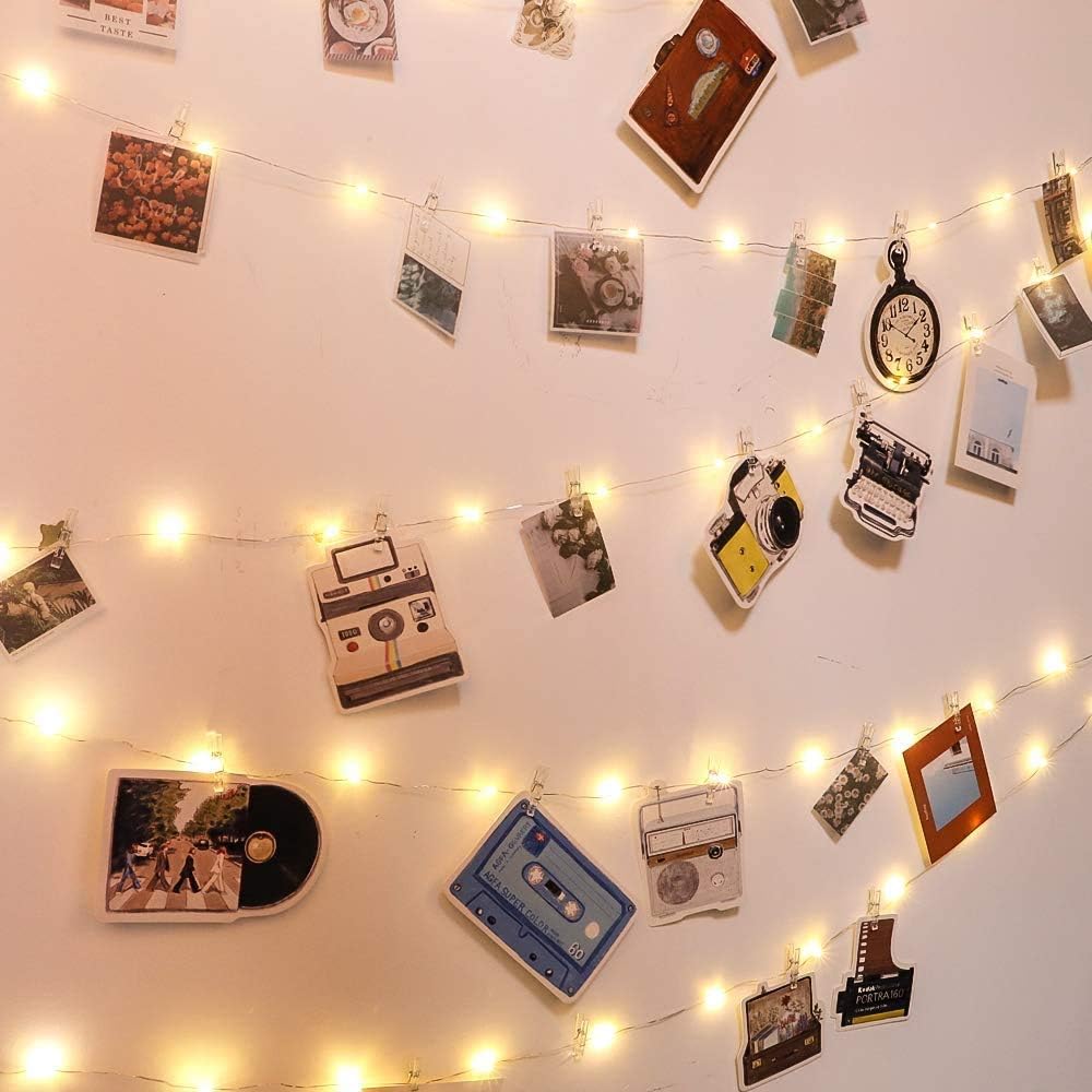Ibello Photo Clip String Lights 100 LED 10M Photo Peg Fairy Lights with 60 Plastic Clip & 20 Nails Indoor Battery Operated Copper Wire Pefect for Bedroom Party Wedding Christmas Photo