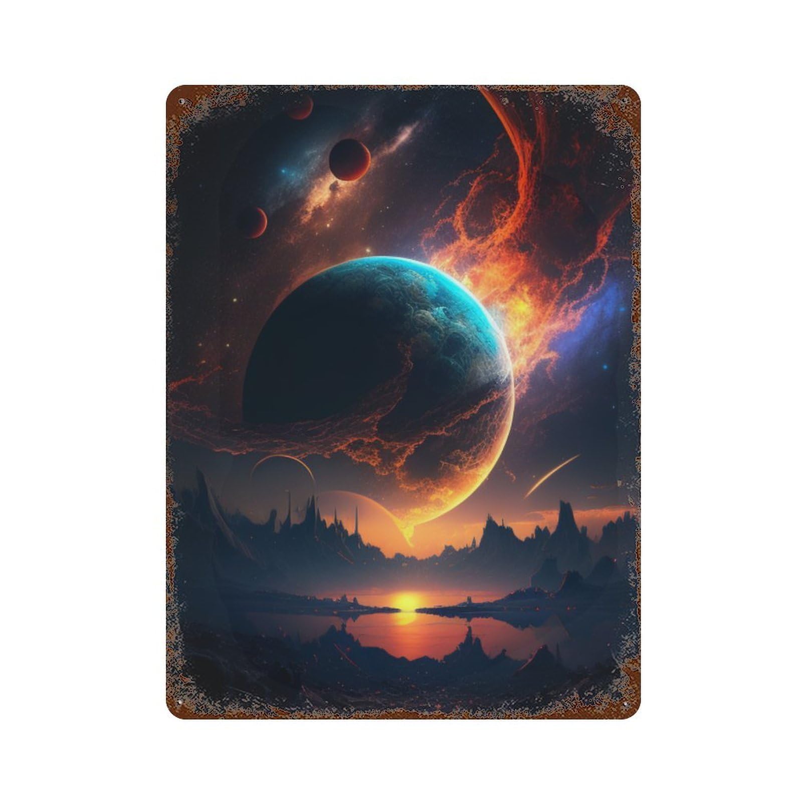 Alien Planet Landscape -4 Weathered Tin Sign 15.7"x11.8", for Basement, Hobby Room And Garage Decor, Rustic Home Decor