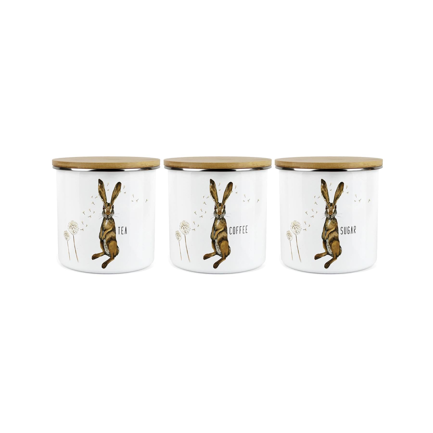 Purely Home Hares And Dandelions Storage Canister Set - White Metal Tea Coffee Sugar Enamel Kitchen Food Storage Containers Set of 3