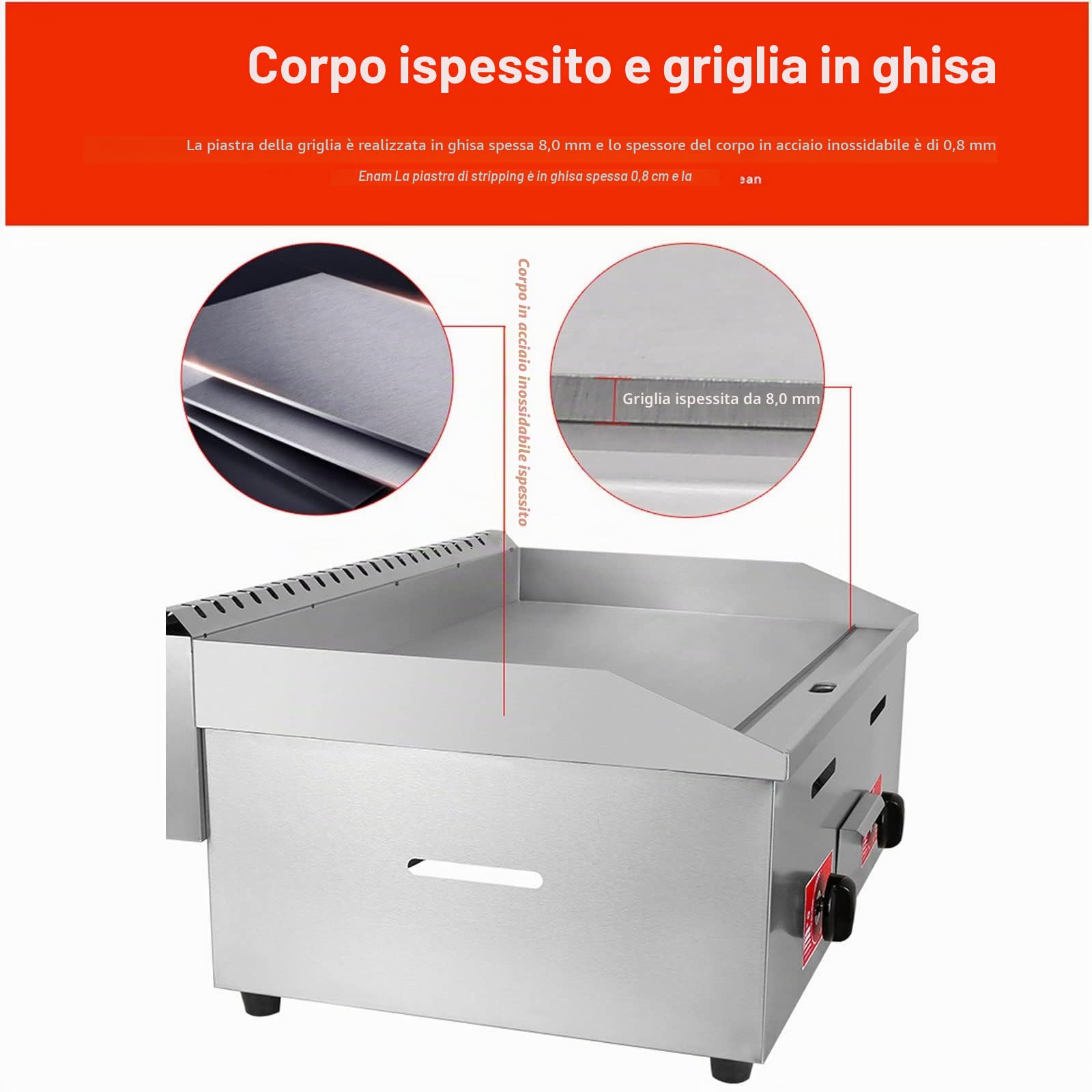 Piastra a gas GPL commerciale in acciaio inox resistente, piastra di cottura per esterni, antiaderente con parte superiore piatta per hamburger ad alto volume e preparazione di alimenti