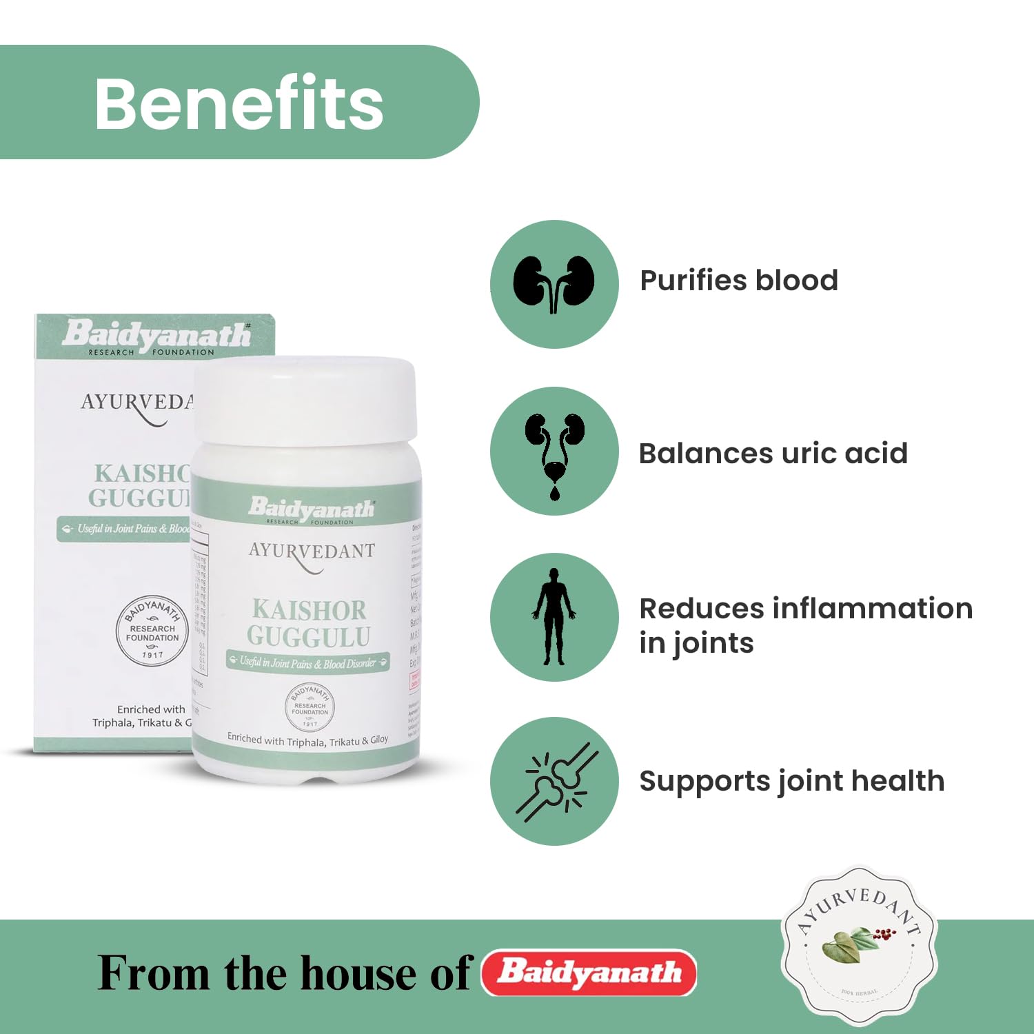 Ayurvedant KAISHOR GUGGULU 120TAB tab | Ayurvedic Supplements For extracorporeal treatment | A Powerful Blend Of Natural Ingredients Extra Strength Formula 1
