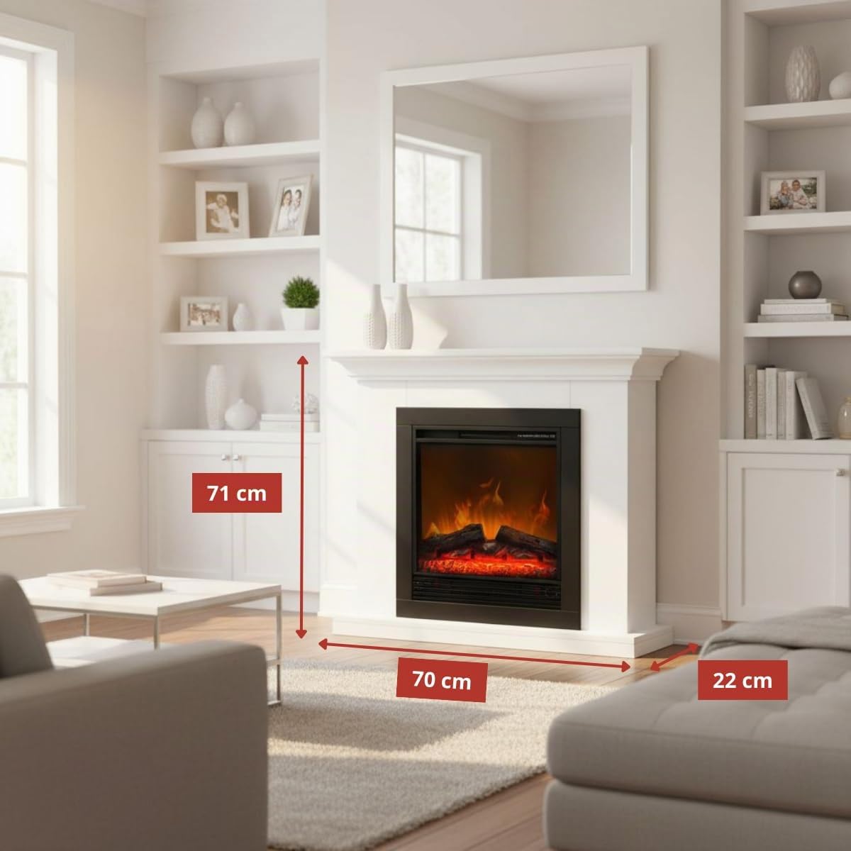 Cheminee Electrique Effet Flamme Lugano 1800W - Cheminée Décorative avec Télécommande et Minuterie - Chauffage Electrique Poêle Électrique Autoportant - Blanc
