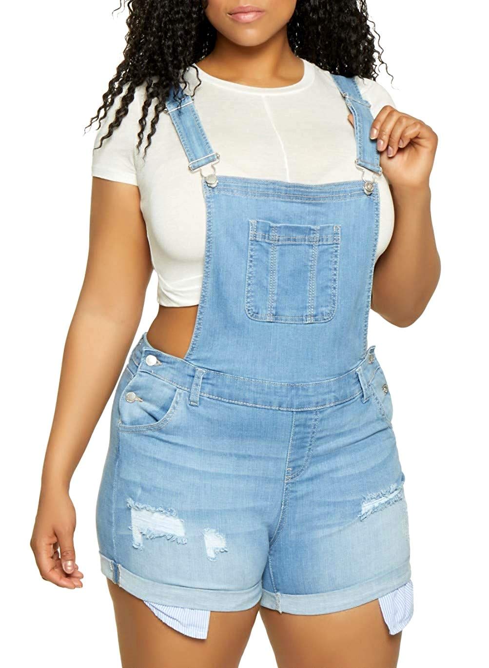 Jack DavidWax Jeans Women's Plus Size Overall Shorts Curvy Distressed Denim Jeans Skinny Overalls