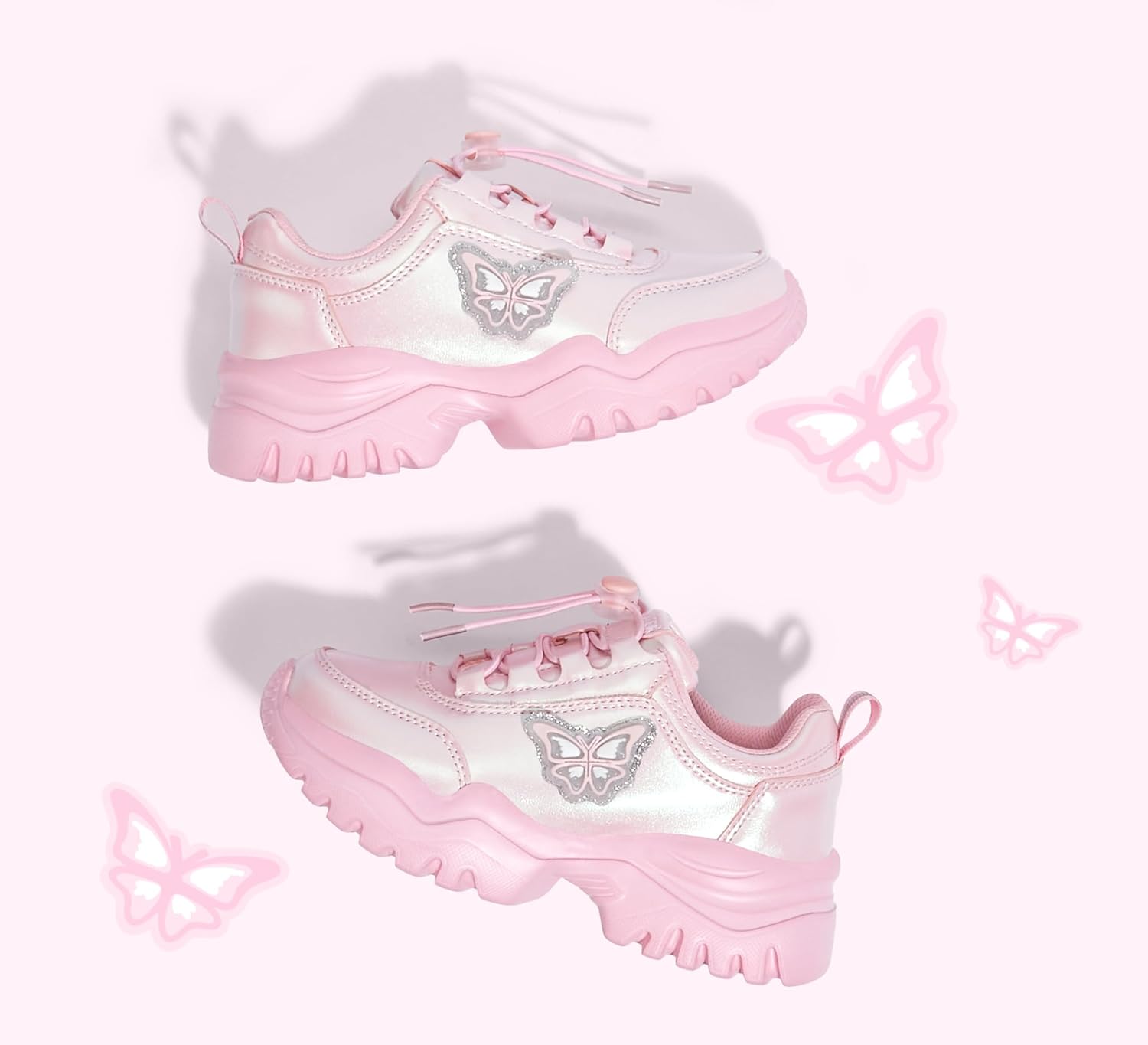 LUCKY STEP Kids Chunky Sneakers Fashion Platform Walking Tennis Shoe Sparkly Butterfly Faux Leather Elastic No-tie Laces School Shoes for Girls Boys - Image 8