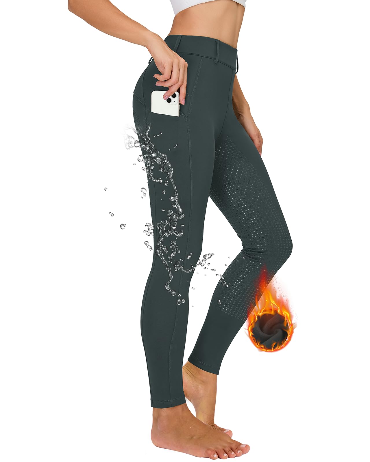 Winter Reitleggings Damen Vollbesatz Thermo Reithose Damen Fleece Gefüttert Wasserdicht mit Handytasche Gürtelschlaufen