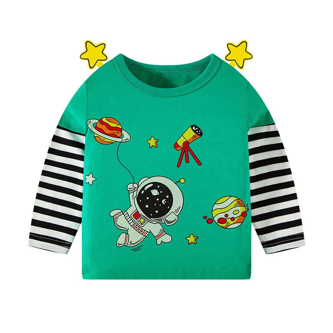 Camiseta de manga larga para niños, lindas camisetas para niñas, diseño de animales, astronauta espacial, rayas blancas y negras