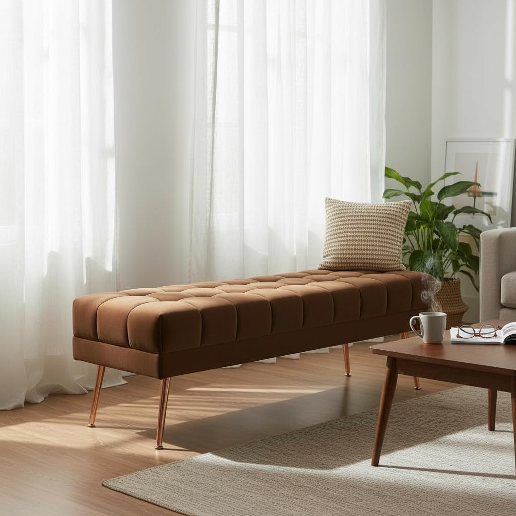 Tufted Velvet Bench Chocolate Brown, 140x45x45 cm | Upholstered Accent Seat, Rose Gold Metal Legs, Living Room & Bedroom, Mid-Century Modern Style, Soft Velvet Fabric-image-45