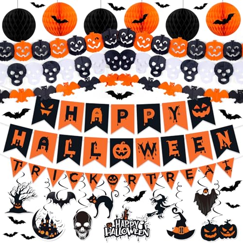 Halloween Party Decorations, 37Pcs Halloween Indoor Decorations Kit with Happy Halloweens Banner Pumpkin Bat Ghost Garland Hanging Swirl for Indoor Outdoor Home Wall Party Decor