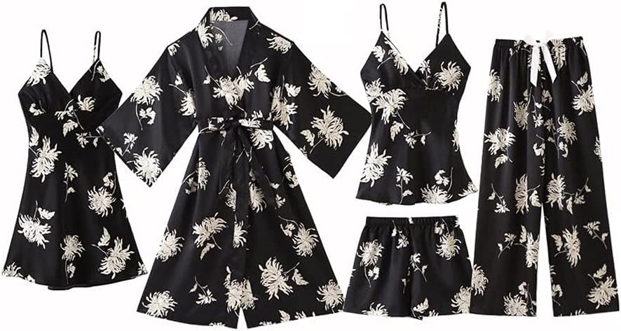 Sexy Faux Silk Sleepwear Women Satin Pajamas Set Kimono Bathrobe Gown Lounge Wear Pijamas Lingerie Suitable for All Seasons(Black-JoJo's Bizarre Adventure1,XL)