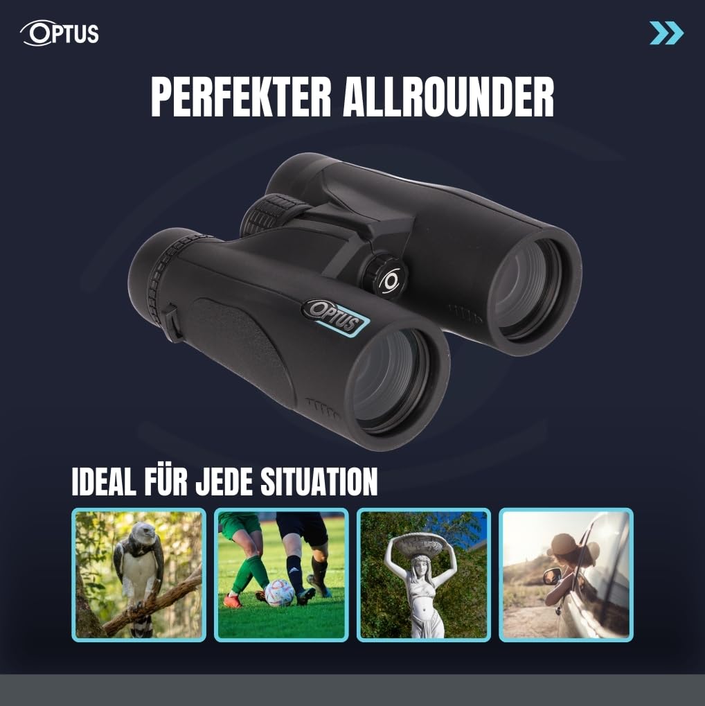Optus Fernglas 10x42 mit Dachkantprismen, 10x Vergrößerung, mehrfach vergütete Optik, für Brillenträger, Gummiarmierung, Stativanschluss