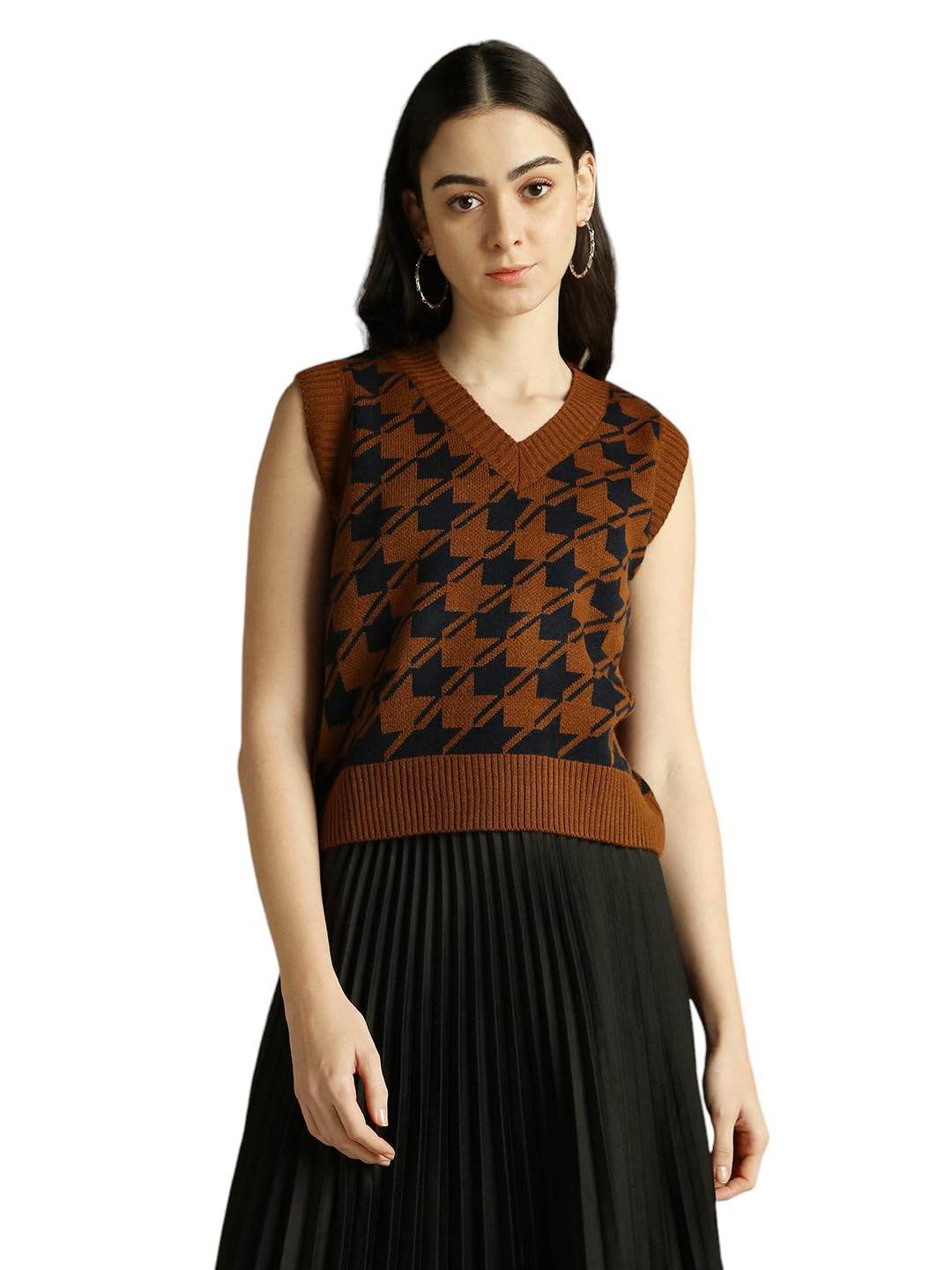 Regular Fit Acrylic Herringbone Sleeveless V-Neck Sweater Vest Sweater