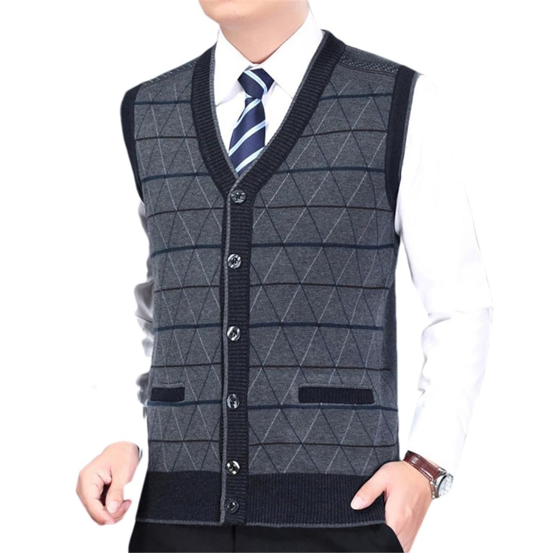 Chaleco de punto de lana para hombre, con botones, suéter básico sin mangas, chaqueta a cuadros, vintage, para otoño e invierno, cuello en V