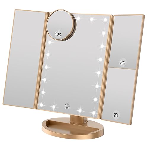 WEILY Schminkspiegel mit 2X/ 3X Vergrößerungund 21 LED Leuchten, Dual Power Supply Touchscreen Schalter (Golden), Gold - Gold