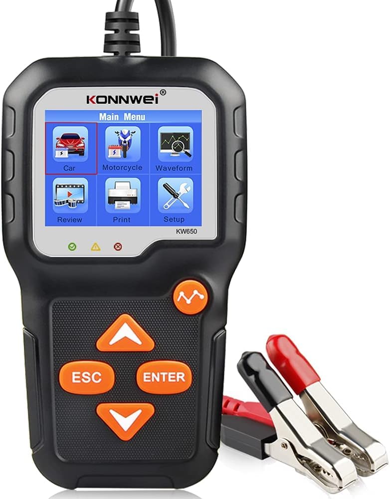 KONNWEI KW650 6V/12V Autobatterietester 100-2000 CCA, Unterstützung 13 Sprachen, 2,4 Zoll Bildschirm, Batterietester Autolade-Startsystem Automobil-Batterieanalysator für Autos, Boot, SUV, Motorrad
