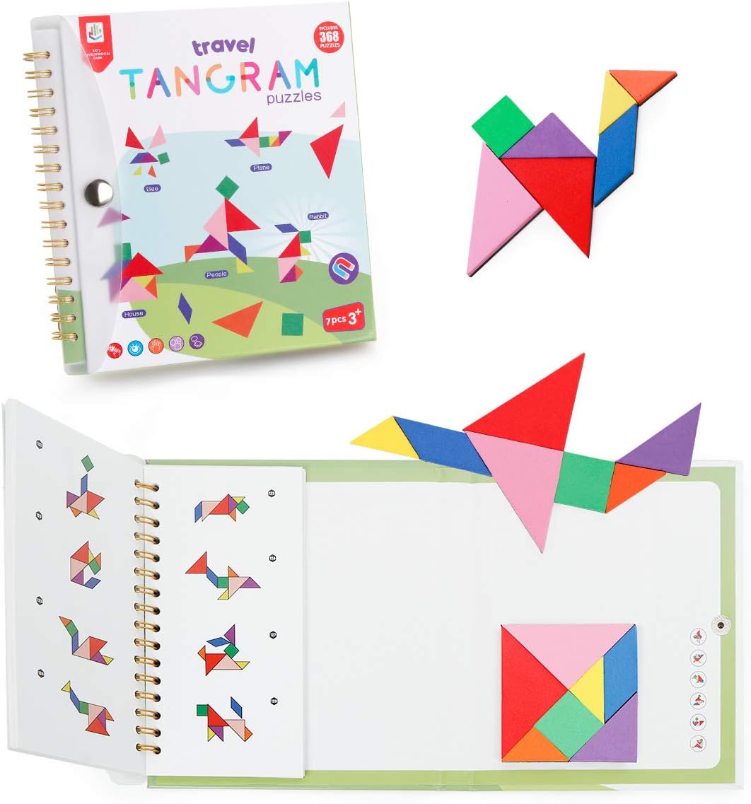 Travel Tangram Puzzle with 3 Set of Magnetic Tangram - Road Trip Tangoes Jigsaw Shapes Dissection Games with Solution - IQ Book Educational Toy Brain Teaser Gift for Kid Adult Challenge