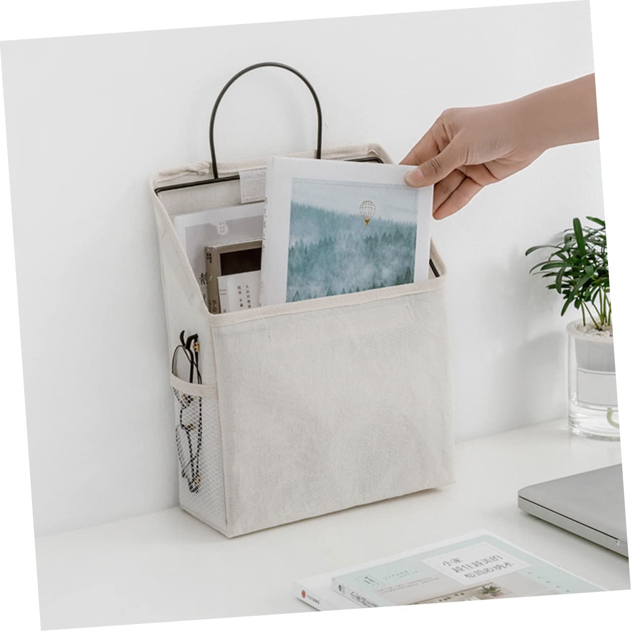 Borsa Organizer da Appendere per Porta Bianca 2 Pezzi | Tessuto di Cotone , Tasche Laterali e Scomparto Principale Ampio , Uso Domestico per Posta e Gioielli