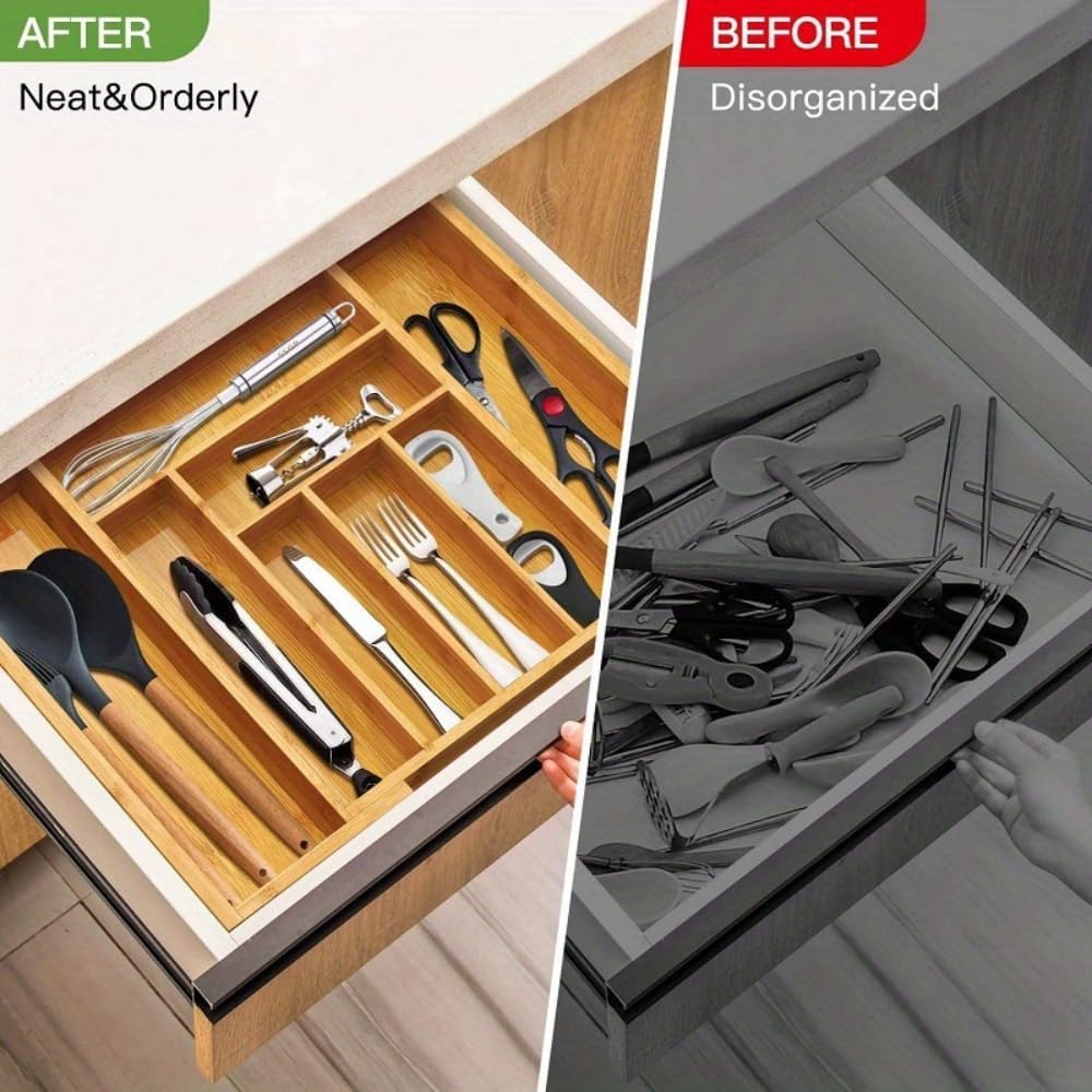 Bamboo Kitchen Drawer Organizer: Expandable Tray, Adjustable Cutlery Holder, 9 Slots Total Bamboo Wood Caddy for Flatware Cutlery Knives, Spoons & Forks, Eco-friendly, Durable