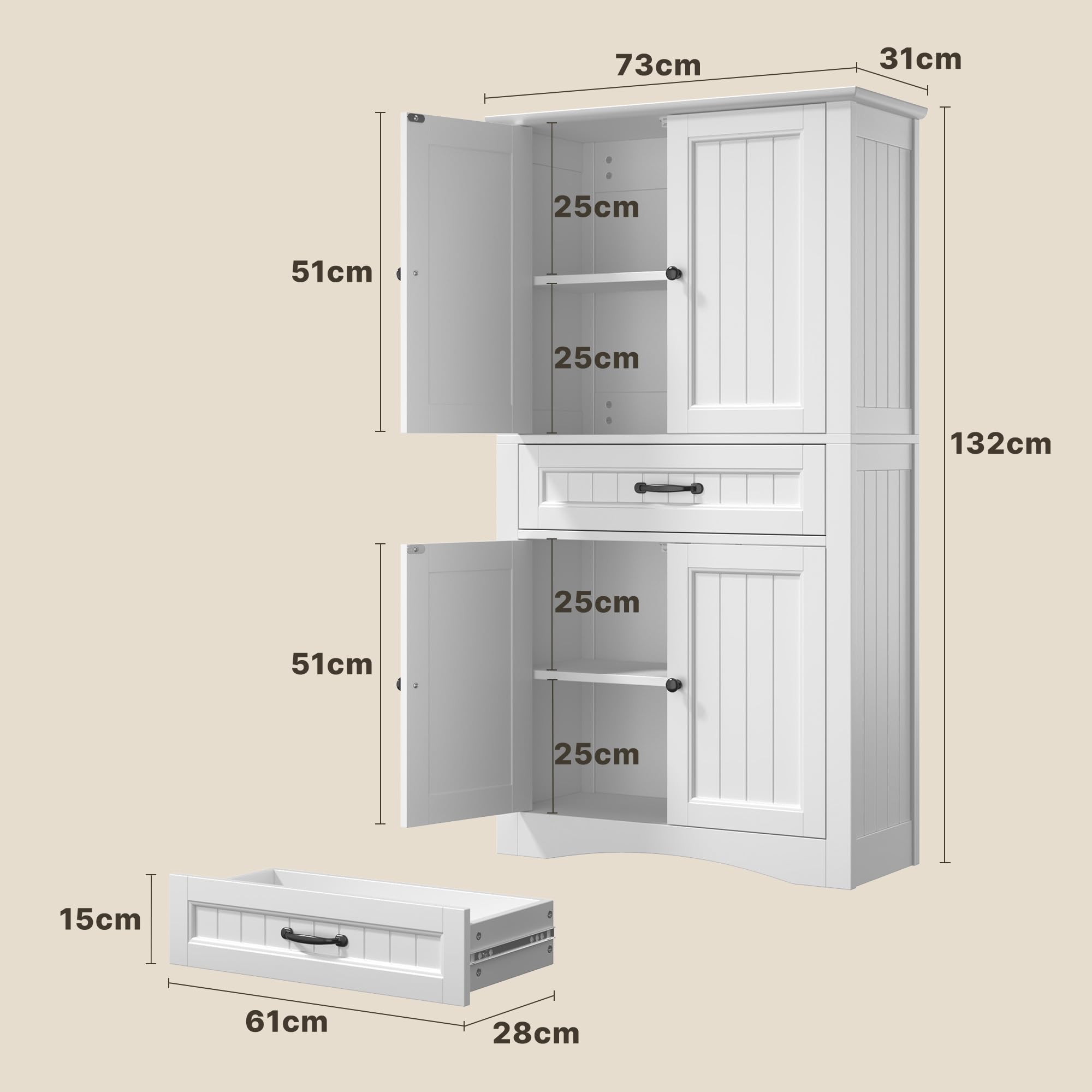 Xbro Mobile Bagno Alto Stretto 31 cm con 2 Ante e 1 Cassetto, Armadio Bagno Salvaspazio con Ripiani Regolabili e Sistema Antiribaltamento, 73x31x132 cm, Bianco