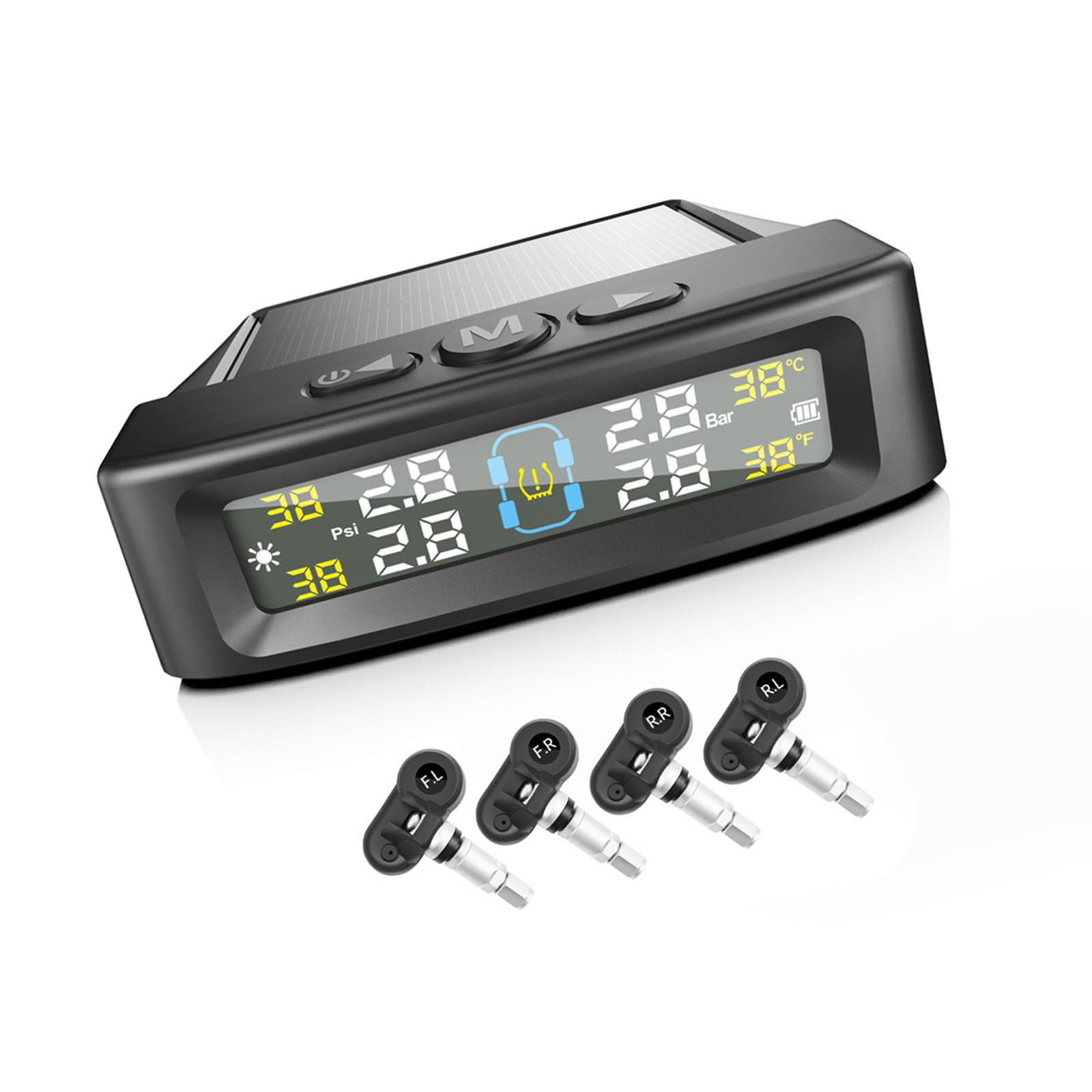TPMS - Sistemas de presión de neumáticos para coche, sistema de alarma solar alimentado por USB, 4 sensores, pantalla digital, alarma de coche