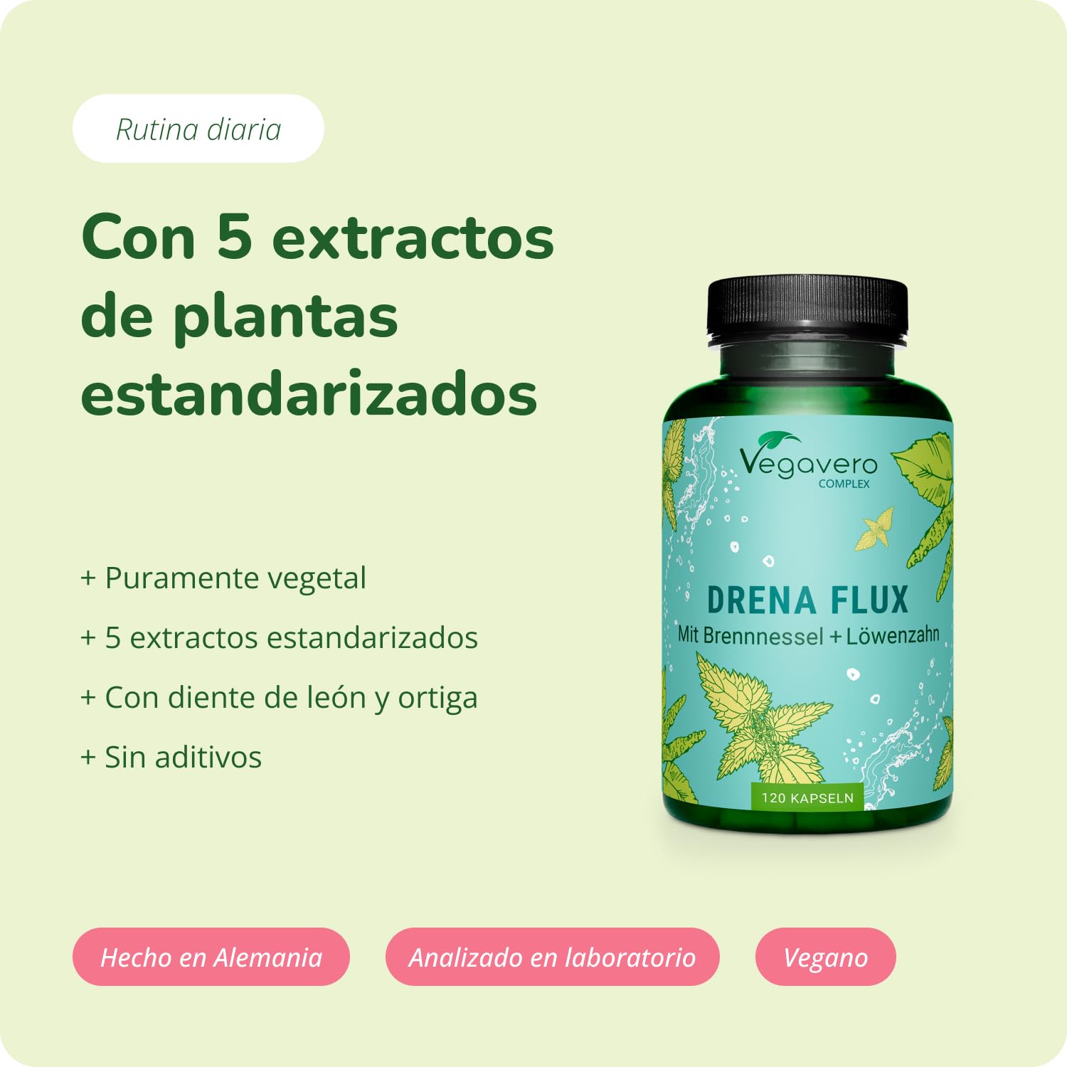 Vegavero DIURETICO POTENTE | Retención de Líquidos + Drenante | 4 MESES | Diente de León + Ortiga Verde + Ortosifon | Altamente Concentrado | DETOX Depurativo | Sin Aditivos & Vegano