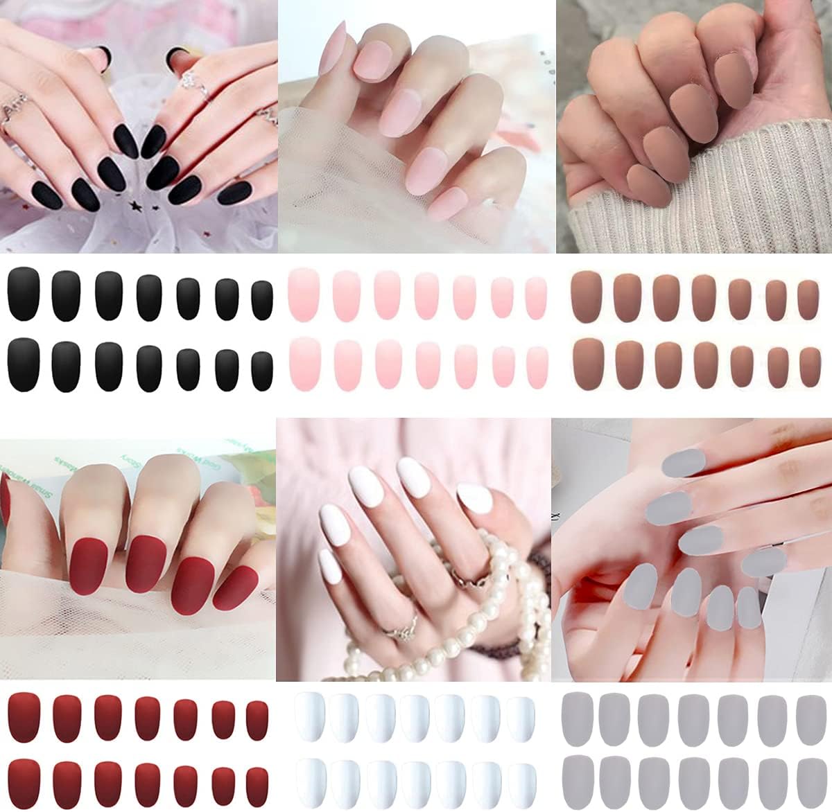 6 Packs (144 Pcs) Matte Short Almond Press on Nails Medium Length, Acrylic Short False Nails Full Cover Set Artificial Nails Fake Solid Color with Adhesive Tabs Nail File for Women…