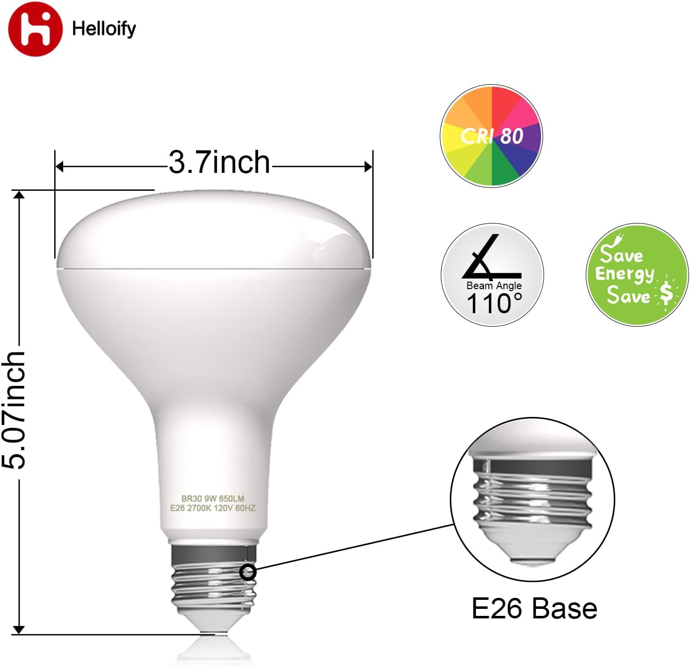 Helloify BR30 LED Flood Light Bulb, 9W, 65W Equivalent, 2700K Soft White Light, Energy Saving Lamp for Office/Home, Non-dimmable, E26 Screw Base, 6PCS