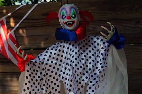 Miniatura 26 de Haunted Hill Farm Payaso parlante aterrador de tamaño real con luces y sonidos activados por el tacto, funciona con pilas, decoración