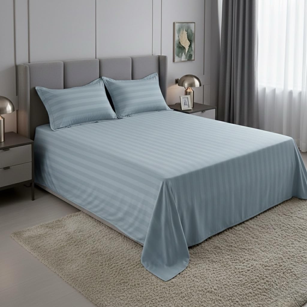 AVIS BEDLINEN 100% Cotton 600 TC Stripe Pattern Bedsheet With 2 Pillow Cover | Soft Comfortable Durable Bedding Set for Bedroom | Breathable &Lightweight Bedsheet for All Season (King, Starlight Blue)