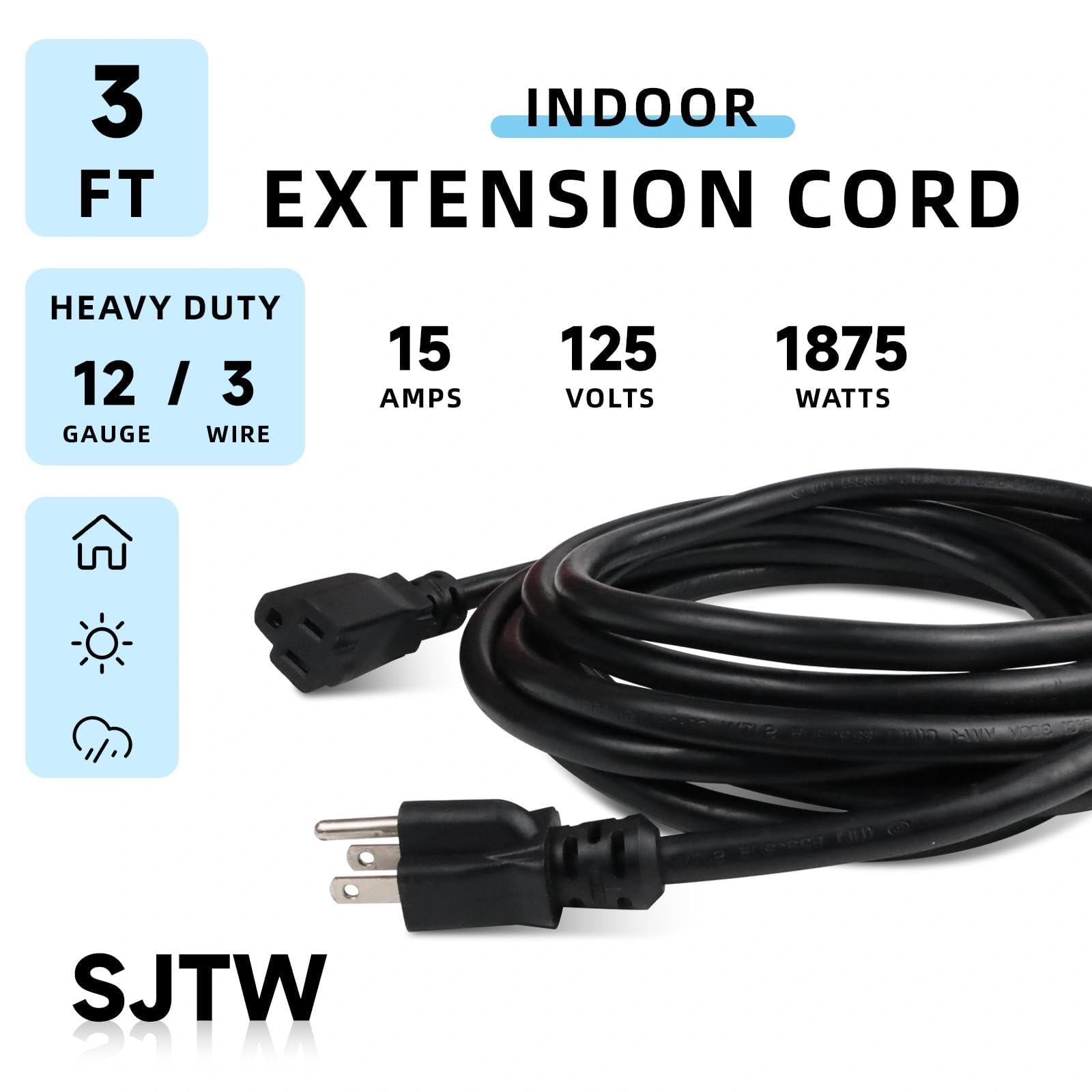 EP 3 Ft Outdoor Extension Cord - 12/3 SJTW Heavy Duty Black Extension Cable with 3 Prong Grounded Plug - Power Cord for Lawn, Garden, Appliances