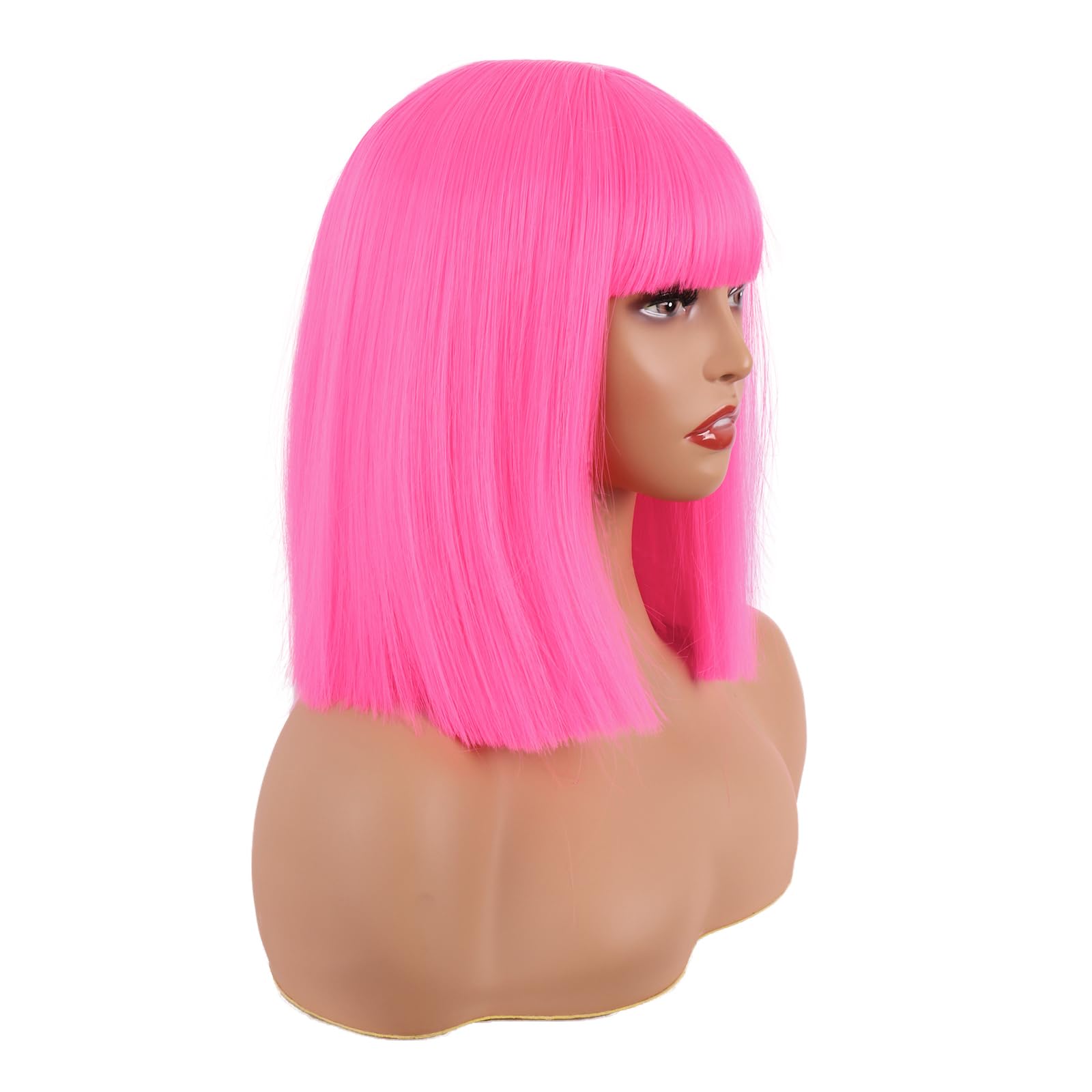 MapofBeauty 12 Inch/30 cm Straight Bob Flat Bangs Short Colorful Synthetic Hair Cosplay Party Wig (Neon Pink) - Image 2