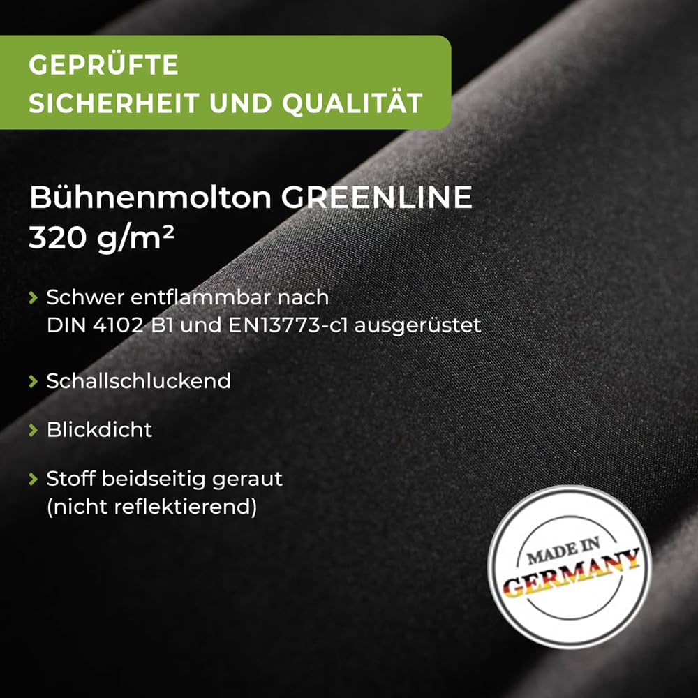 B1 Bühnenmolton konfektioniert – Molton-Vorhang Greenline, blickdichter Verdunkelungsvorhang mit 16er Ösen, ideal für Film, Foto, Theater & Event – 3 x 3 m, 320g/m2, Schwarz