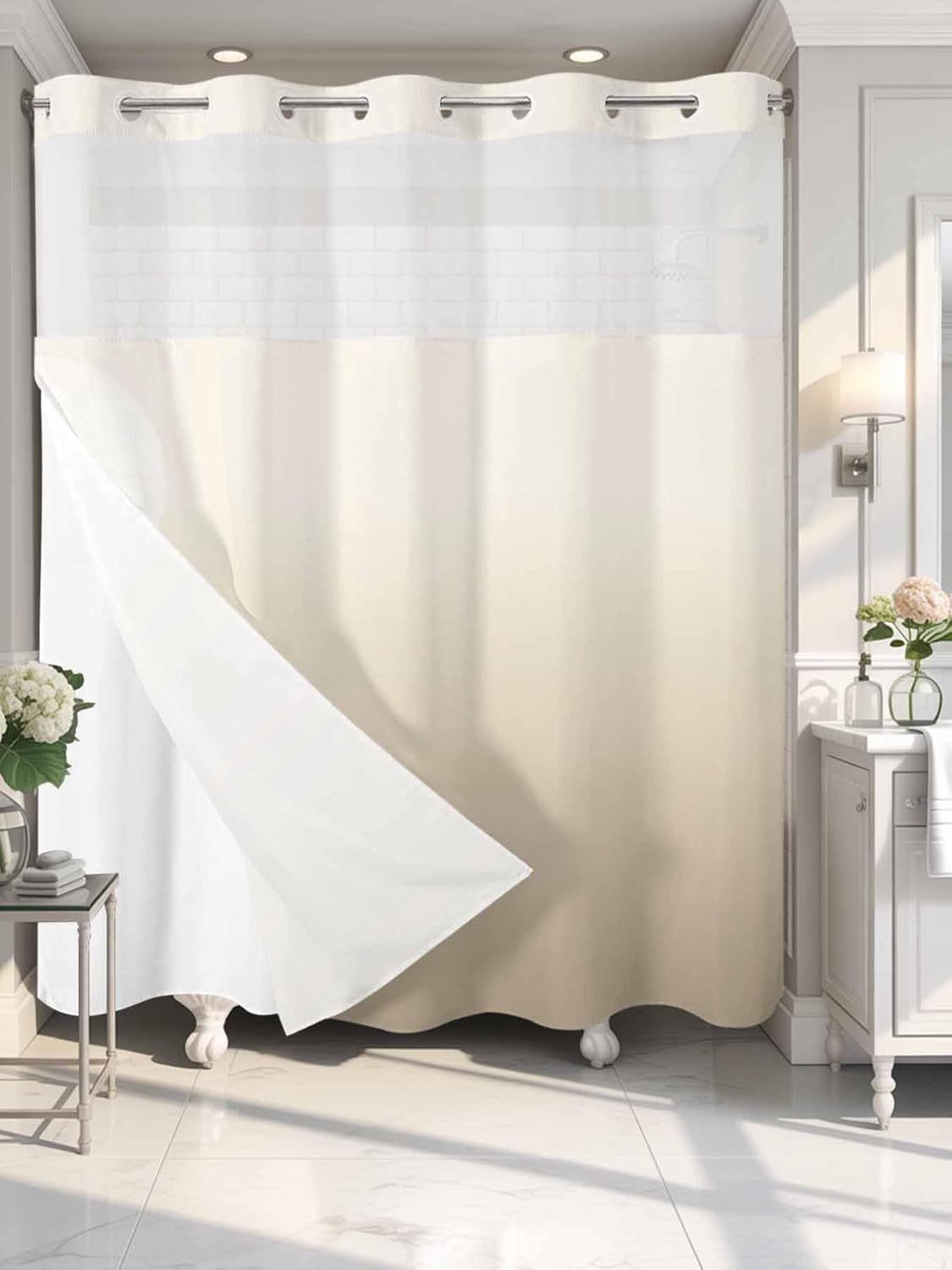 Beige Brown Ombre No Hook Shower Curtains with Detachable Snap-in Liner Set, Waterproof Hotel Style Bathroom Shower Curtain, Farmhouse Gradient Color Simple Mesh Top Window Bath Curtains 72''x78''