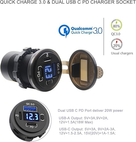 Miniatura 10 de Doble puerto USB de carga rápida 30 y toma de cargador de coche PD USB C salida USB de 12 V con voltímetro e interruptor de alimentación para