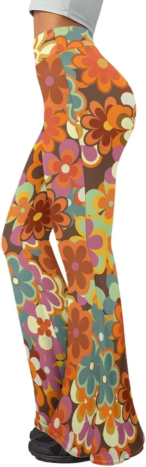 Women's 70S Yoga Pants Flare Ladies Hippie Flower Flared Leggings Athletic Leggings High Waisted Workout Pants