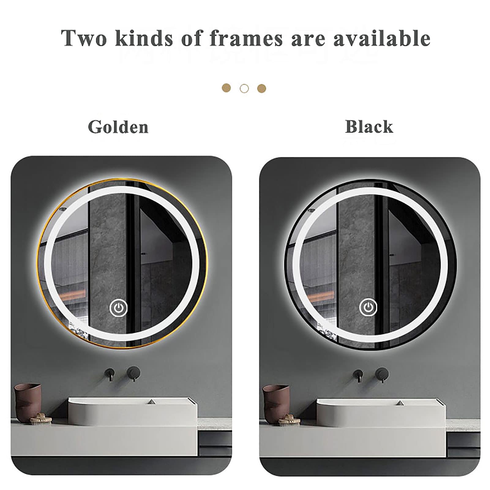 Round Lighted Mirror LED Bathroom Vanity Mirror Anti-Fog Wall Mounted Backlit Mirror,with Touch Switch,3000K/4000K/6000K Color Temperature,IP67 Waterproof,Anti-Fog(50cm(20inch)-Gold Frame)