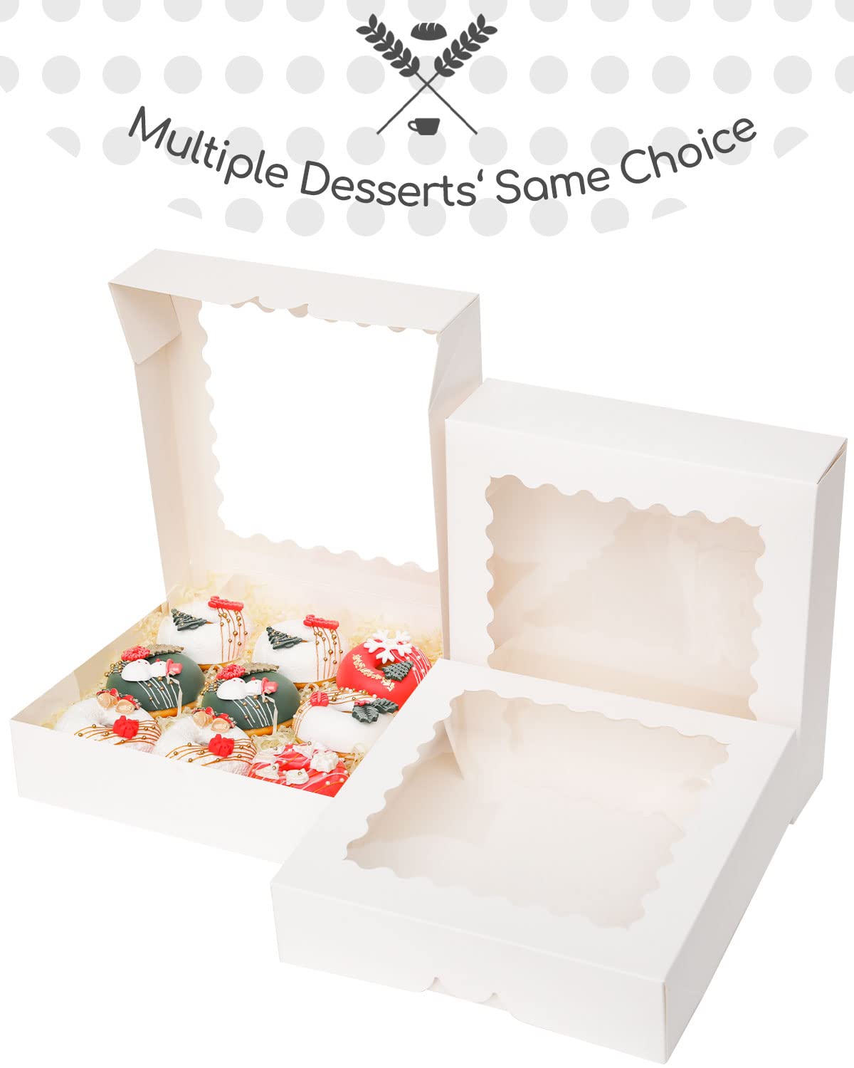 qiqee Cajas de pastel blancas con ventana de 10 x 10 x 2.5 pulgadas, 30 paquetes de caja de panadería para donas dulces y galletas