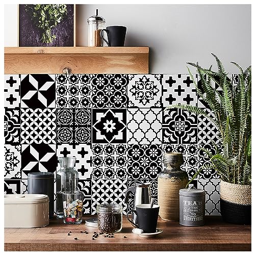 Autocollants pour carreaux 20 × 20 cm - Cuisine et salle de bain, Blanc et noir, Écailles de poisson 3D, Imperméables, à l'épreuve de l'huile,...