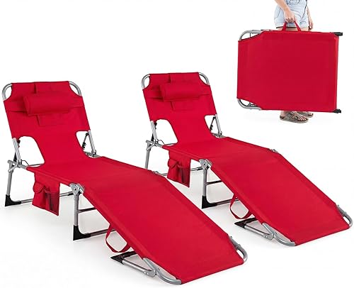 Miniatura 17 de GYMAX Silla de bronceado, tumbona plegable de playa con agujero para la cara y el brazo, respaldo ajustable, bolsillo lateral, almohada y asa