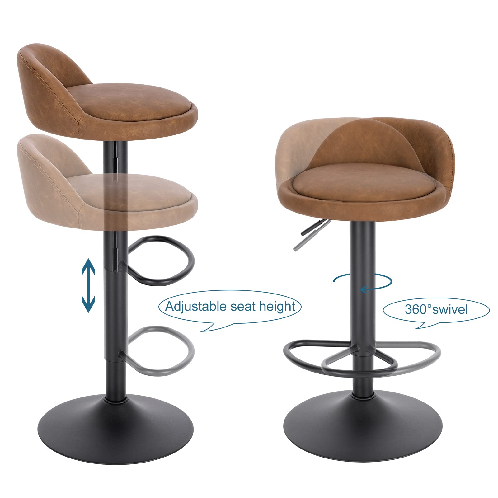 EUGAD 2X Taburetes Bar con Respaldo Taburetes Altos de Cocina en Altura Ajustable 62-84 cm para Bar y Cafetería, Piel sintética, Marrón