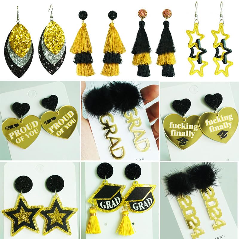 Graduation Earrings Graduation Cap Love Heart Letter Tassel Glitter Sparkle Leaf Star Earrings Yellow Black Last Day of School Teacher Students Graduation Jewelry Gifts3