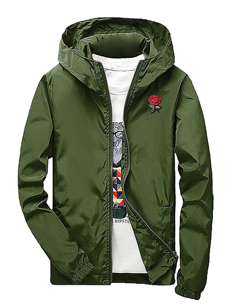 Rexcyril Men's Rose Floral Windbreaker Hooded Jacket Lightweight Casual Full Zip Flower Coat