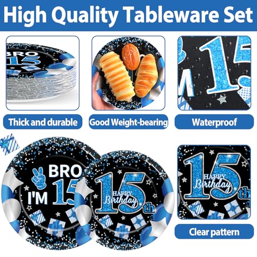 Image of 100 Pcs 15th Birthday Decorations for Teen Boys Blue and Black 15th Plate Napkin Forks Set Disposable Teen 15 Year Old Birthday Tableware Dinnerware for I'm 15 Bro Party Supplies Favors Serve 25