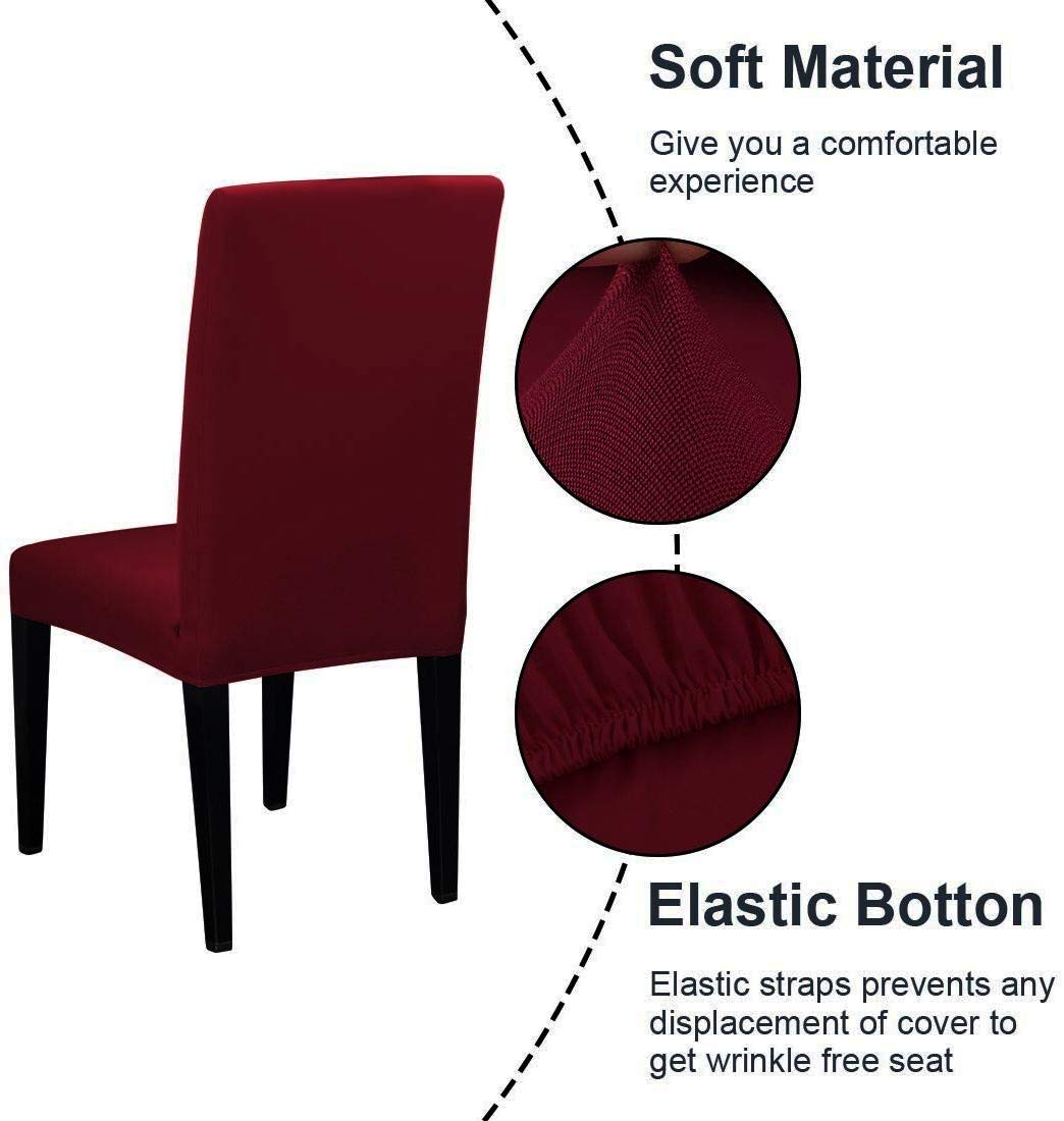 BRIDA Stretchable Elastic Floral Printed Dining Chair Slipcover Set of 6 (Plain Maroon, Standard, Polyester & Spandex) 2