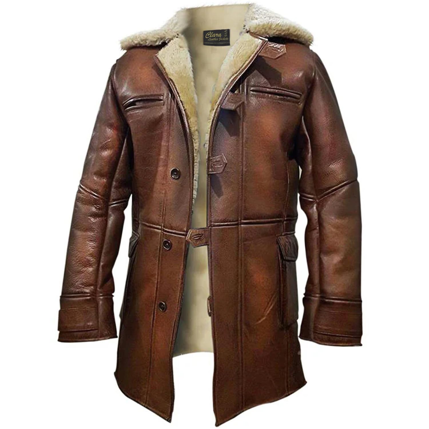 Mens Long Winter Bomber Warm Faux Fur Shearling Stylish Leather Trench Coat Jacket